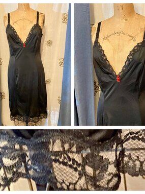 Vintage 60s 70s Black LACE Deep V Sexy Nightgown Slip Dress L Sissy Pin-Up Retro